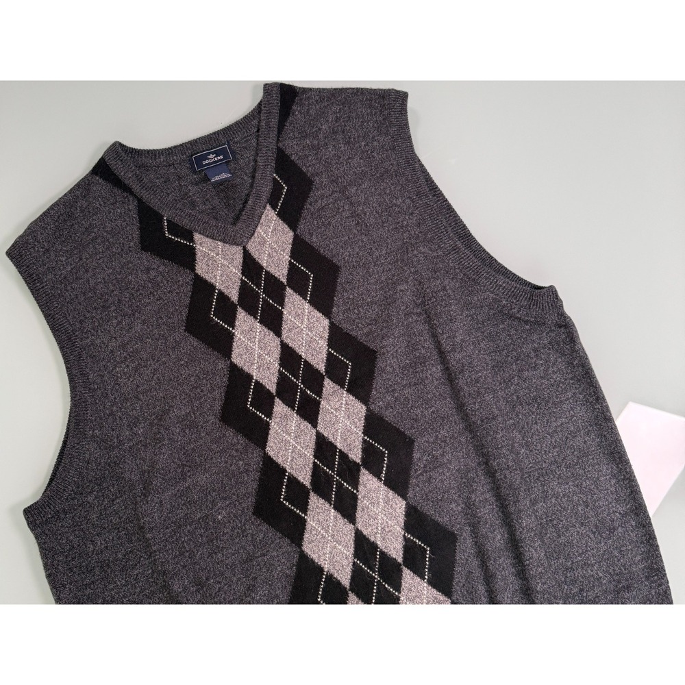 Dockers V-Neck Golf Sweater Vest Mens Gray Argyle Pattern Preppy - XL